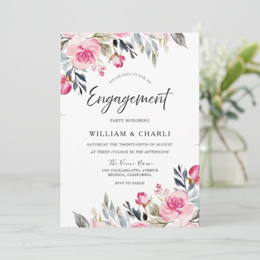 Divine Blush Waterverf Floral Engagement Party Kaart (Staand voorkant)