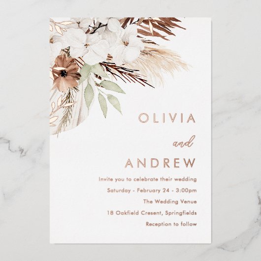 Divine Boho Bloem Roze Goud Folie Bruiloft Uitnodiging (Voorkant)