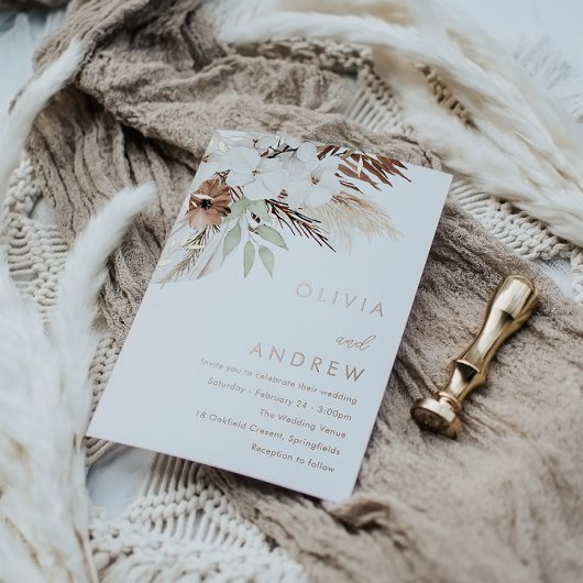 Divine Boho Bloem Roze Gouden Folie Bruiloft Uitnodiging