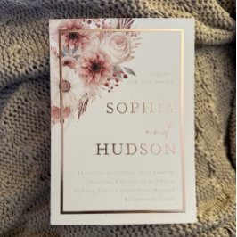 Divine Boho Blush Bruiloft Roos Gouden Rand Folie Uitnodiging