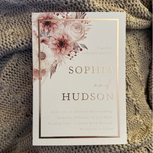 Divine Boho Blush Bruiloft Roos Gouden Rand Folie Uitnodiging