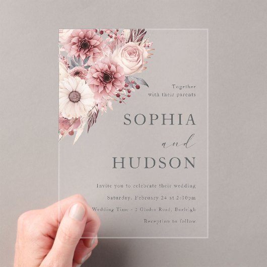 Divine Boho Blush & Roos Bruiloft Acryl Uitnodigingen (Insitu (Draagbaar))