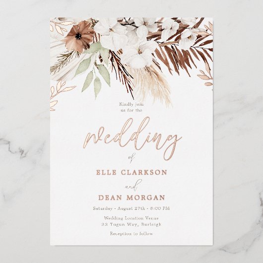 Divine Boho Floral Roos Gold Foil Wedding Folie Uitnodiging (Voorkant)