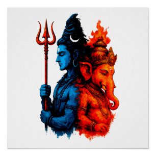 Divine Dualiteit: Blauwe Shiva & Ganesha T-Shirt Perfect Poster