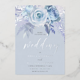 Divine Dusty Blue Floral Bruiloft Echt Zilver Folie Uitnodiging