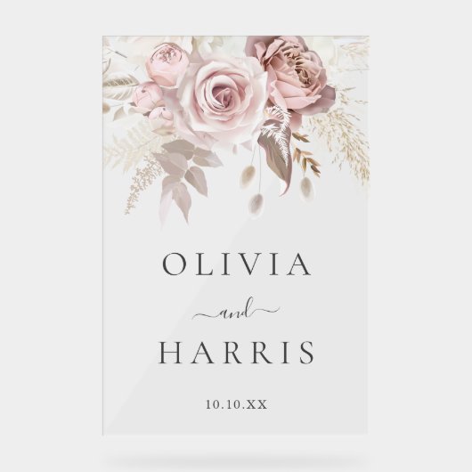 Divine Dusty Roos & Blush Bloemen Bruiloft Acryl Bord (Voorkant)