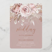Divine Dusty Roos Blush Bloemen Bruiloft Roos Gold Folie Uitnodiging (Voorkant)