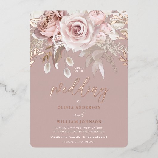 Divine Dusty Roos Blush Bloemen Bruiloft Roos Gold Folie Uitnodiging (Voorkant)