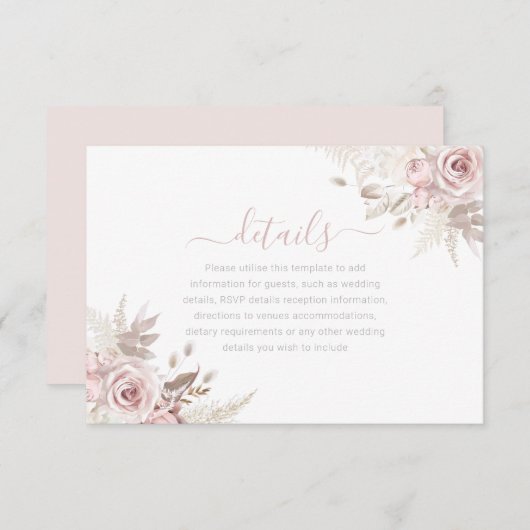 Divine Dusty Roos Blush & Ivoor Bruiloft Details Informatiekaartje (Voorkant / Achterkant)