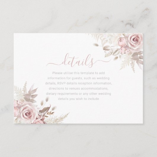 Divine Dusty Roos Blush & Ivoor Bruiloft Details Informatiekaartje (Voorkant)