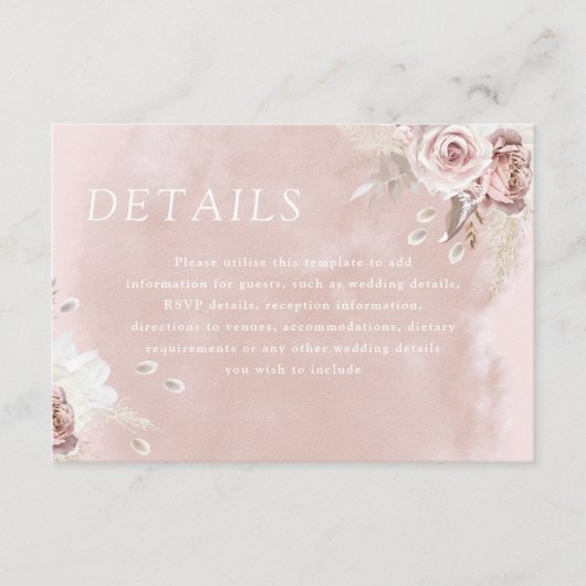 Divine Dusty Roos Blush Waterverf Wedding Details Informatiekaartje (Voorkant)