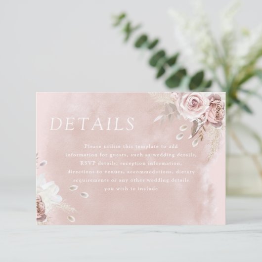 Divine Dusty Roos Blush Waterverf Wedding Details Informatiekaartje (Staand voorkant)