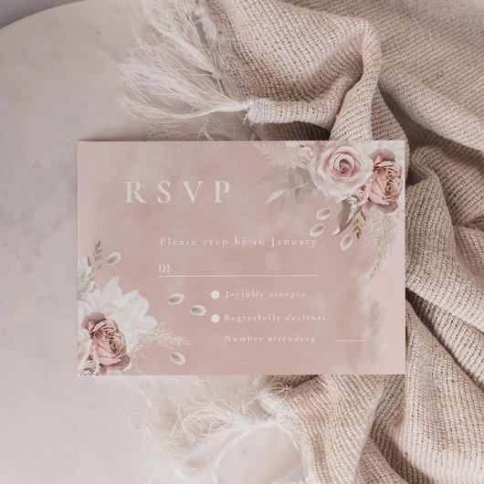 Divine Dusty Roos Blush Waterverf Wedding RSVP Kaartje