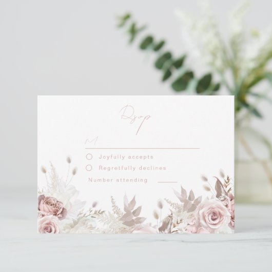 Divine Dusty Rose & Blush Floral Wedding RSVP Kaartje (Staand voorkant)