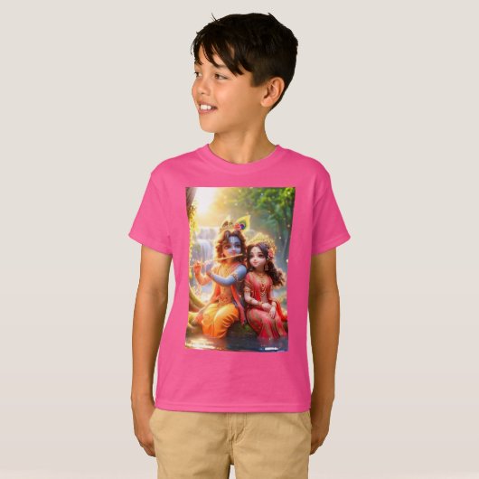 Divine Elegance: Radhe Krishna print op T-shirt (Voorkant volledig)