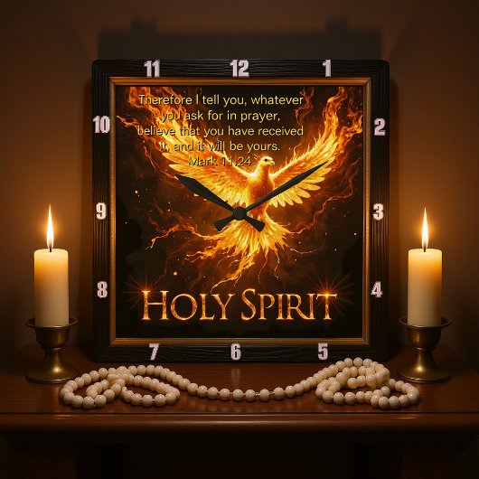 Divine Flame Holy Spirit Phoenix Mark 11:24 Verse Vierkante Klok