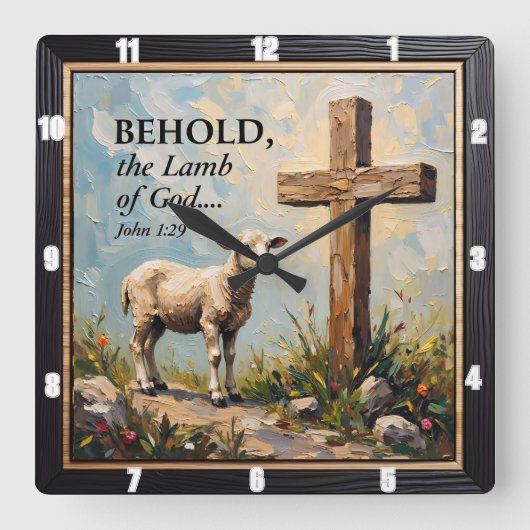 Divine Grace: John 1:29 Time Vierkante Klok (Voorkant)
