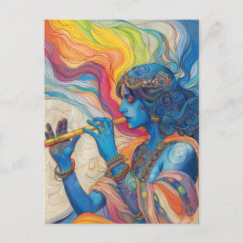 Divine Heer Krishna Fluit Speelt Surreal Regenboog Briefkaart