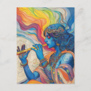 Divine Heer Krishna Fluit Speelt Surreal Regenboog Briefkaart