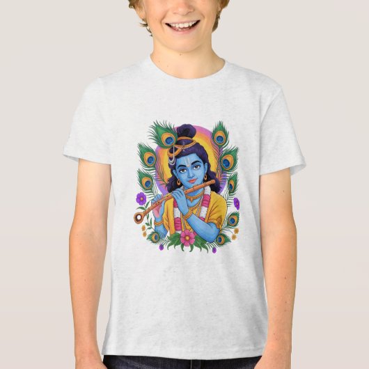 Divine Lord Krishna Playing Flute with Peacock Fea Tri-Blend Shirt (Voorkant)