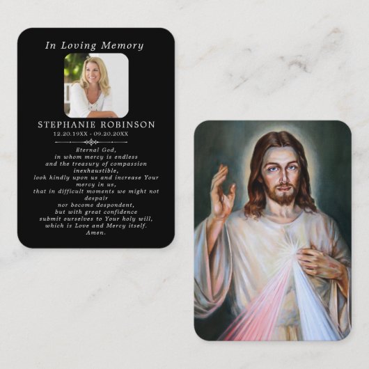 Divine Mercy Catholic Funeral Black Prayer Card Visitekaartje (Voorkant / Achterkant)