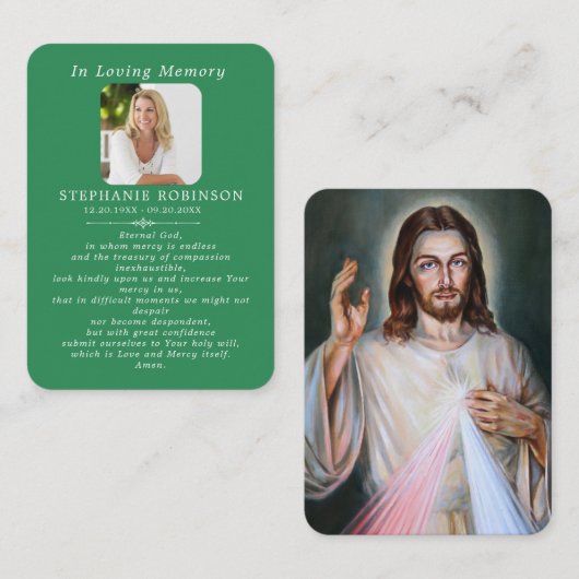 Divine Mercy Catholic Funeral Green Prayer Card Visitekaartje (Voorkant / Achterkant)