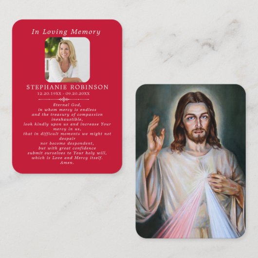 Divine Mercy Catholic Funeral Red Prayer Card Visitekaartje (Voorkant / Achterkant)
