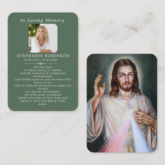 Divine Mercy Catholic Sage Green Prayer Card Visitekaartje (Voorkant / Achterkant)