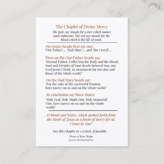 Divine Mercy of Jesus Chaplet St. Faustina Visitekaartje (Achterkant)