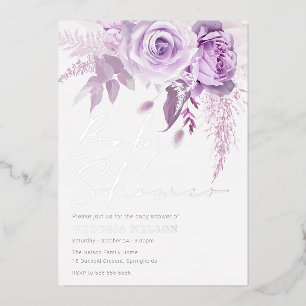 Divine Paarse Lavendel Floral Baby shower Silver Folie Uitnodiging