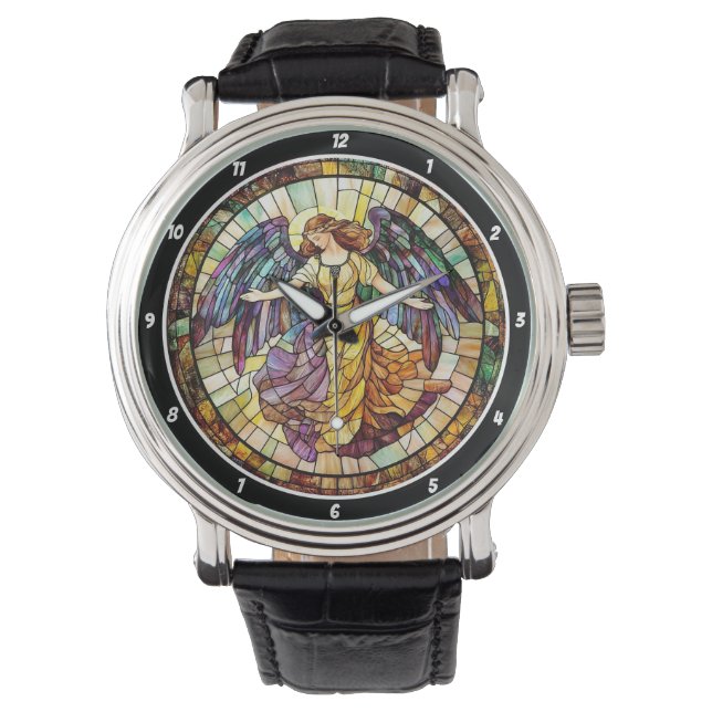 Divine Radiance Stained Glass Angel Wall Horloge (Voorkant)