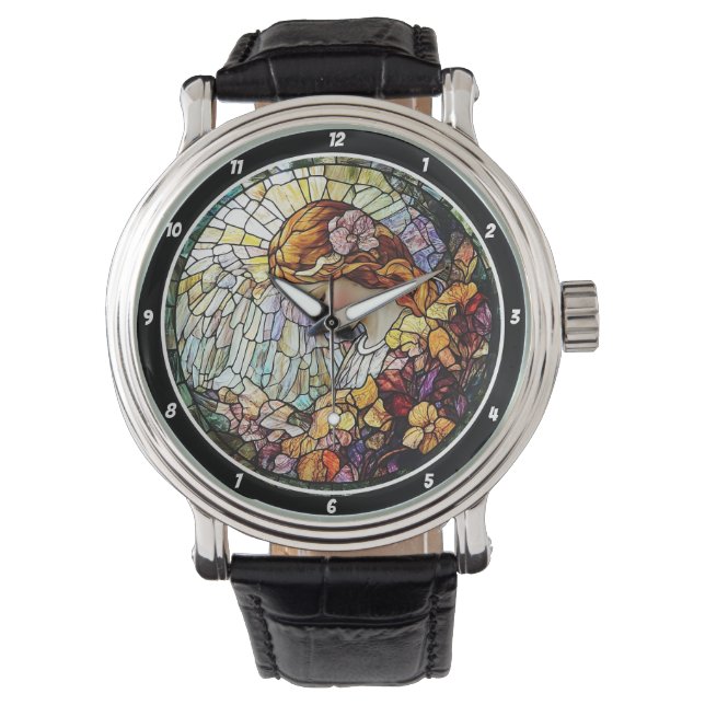 Divine Radiance Stained Glass Angel Wall  Horloge (Voorkant)
