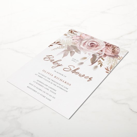 Divine Roos Gold Blush Floral Baby shower Folie Uitnodiging (Gedraaid)