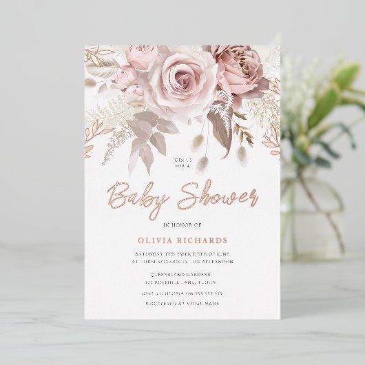 Divine Roos Gold Blush Floral Baby shower Folie Uitnodiging (Staand Voorkant)