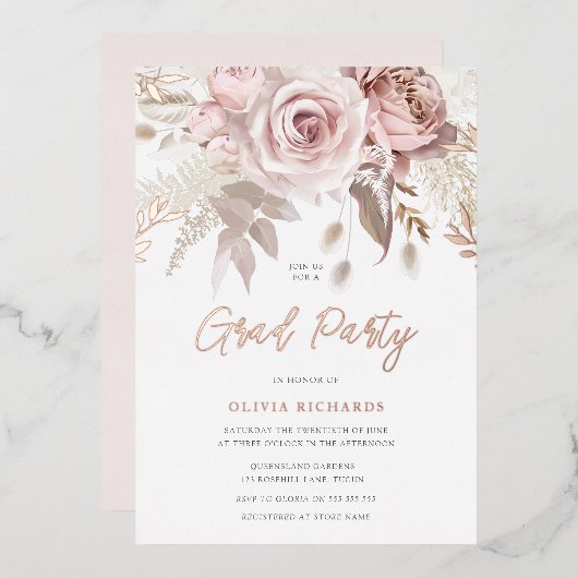 Divine Roos Gold Blush Floral Gradual Party Folie Uitnodiging (Voorkant / Achterkant)