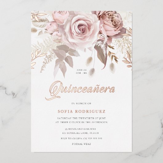 Divine Roos Gold Blush Floral Quinceanera Folie Uitnodiging (Voorkant)