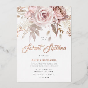 Divine Roos Gold Blush Floral Sweet 16 Party Folie Uitnodiging