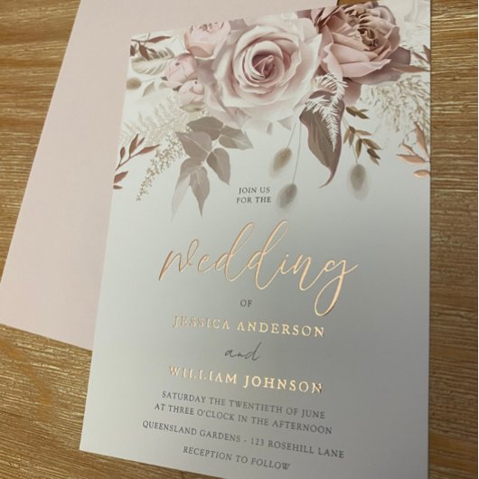 Divine Roos Gold Blush Floral Wedding Folie Uitnodiging