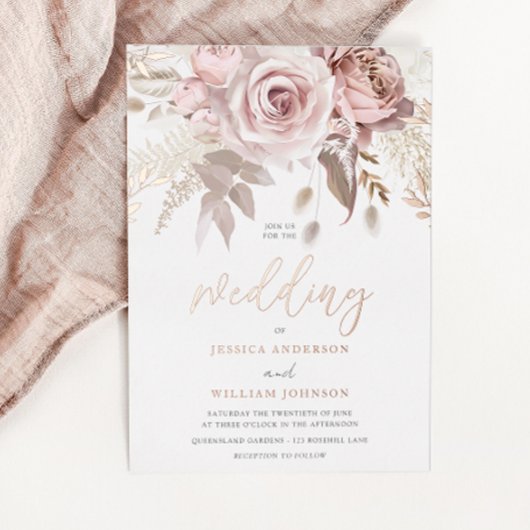 Divine Roos Gold Blush Floral Wedding Folie Uitnodiging