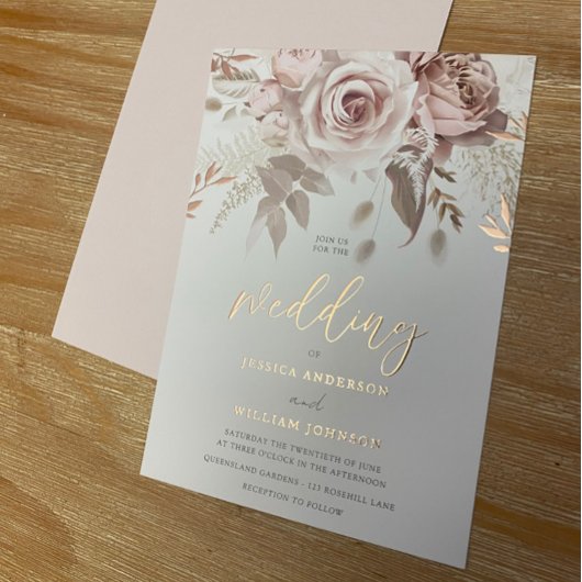Divine Roos Gold Blush Floral Wedding Folie Uitnodiging