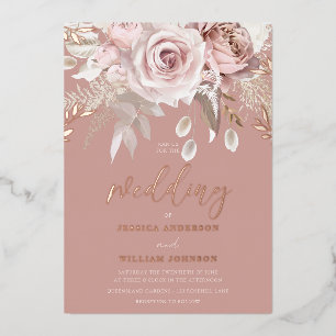 Divine Roos Gold Dusty Roos Floral Wedding Folie Uitnodiging