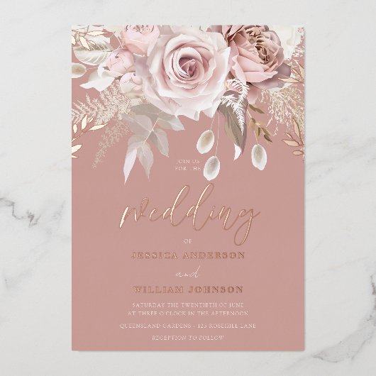 Divine Roos Gold Dusty Roos Floral Wedding Folie Uitnodiging (Voorkant)
