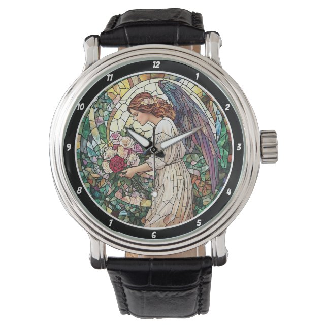 Divine Rose Garden Stained Glass Angel Wall  Horloge (Voorkant)