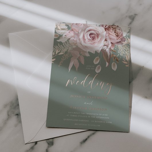 Divine Rose Gold Blush & Sage Floral Wedding Folie Uitnodiging