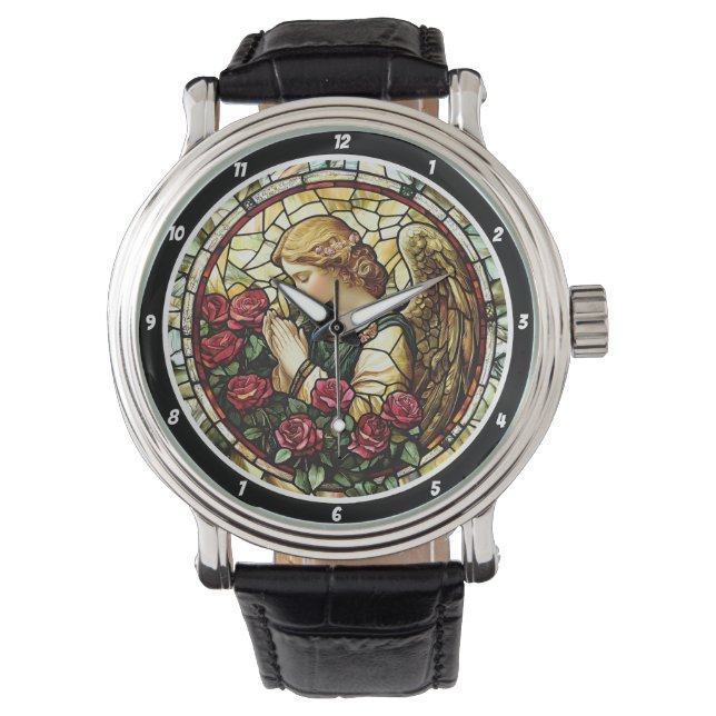 Divine Rose Prayer Stained Glass Angel Horloge (Voorkant)