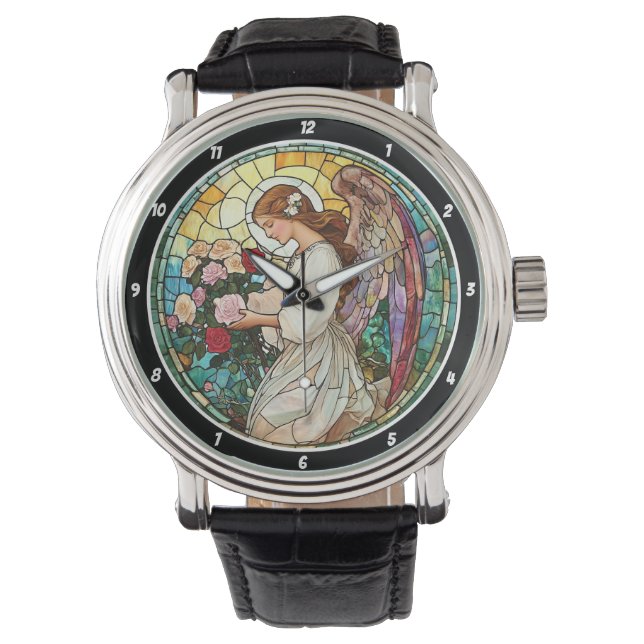 Divine Rose Radiance Stained Glass Angel Wall  Horloge (Voorkant)