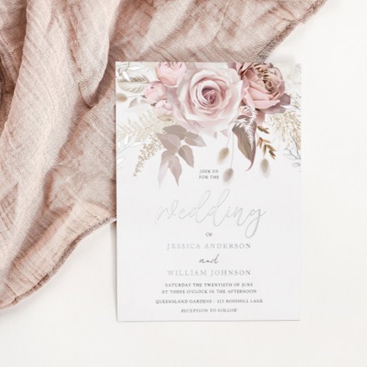 Divine Silver Foil & Blush Floral Wedding Folie Uitnodiging
