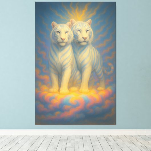 Divine White Tiger Royals – Twin Guardians of the Canvas Afdruk (Insitu (Houten vloer))
