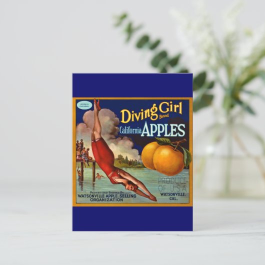Diving Girl Apples - Etiket voor  fruitkratten Briefkaart (Staand voorkant)