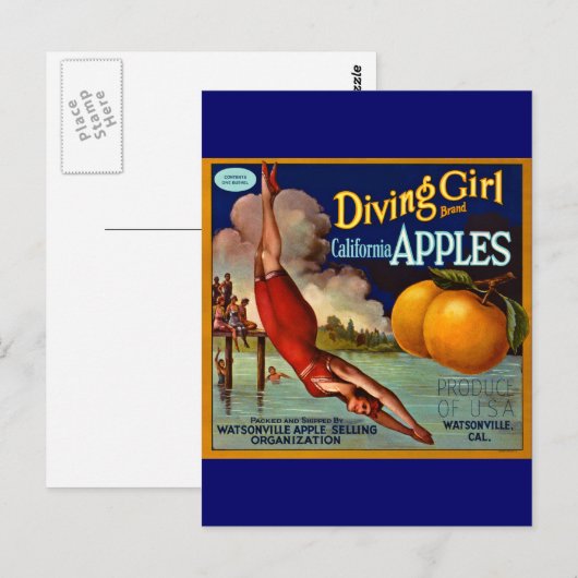 Diving Girl Apples - Etiket voor  fruitkratten Briefkaart (Voorkant / Achterkant)